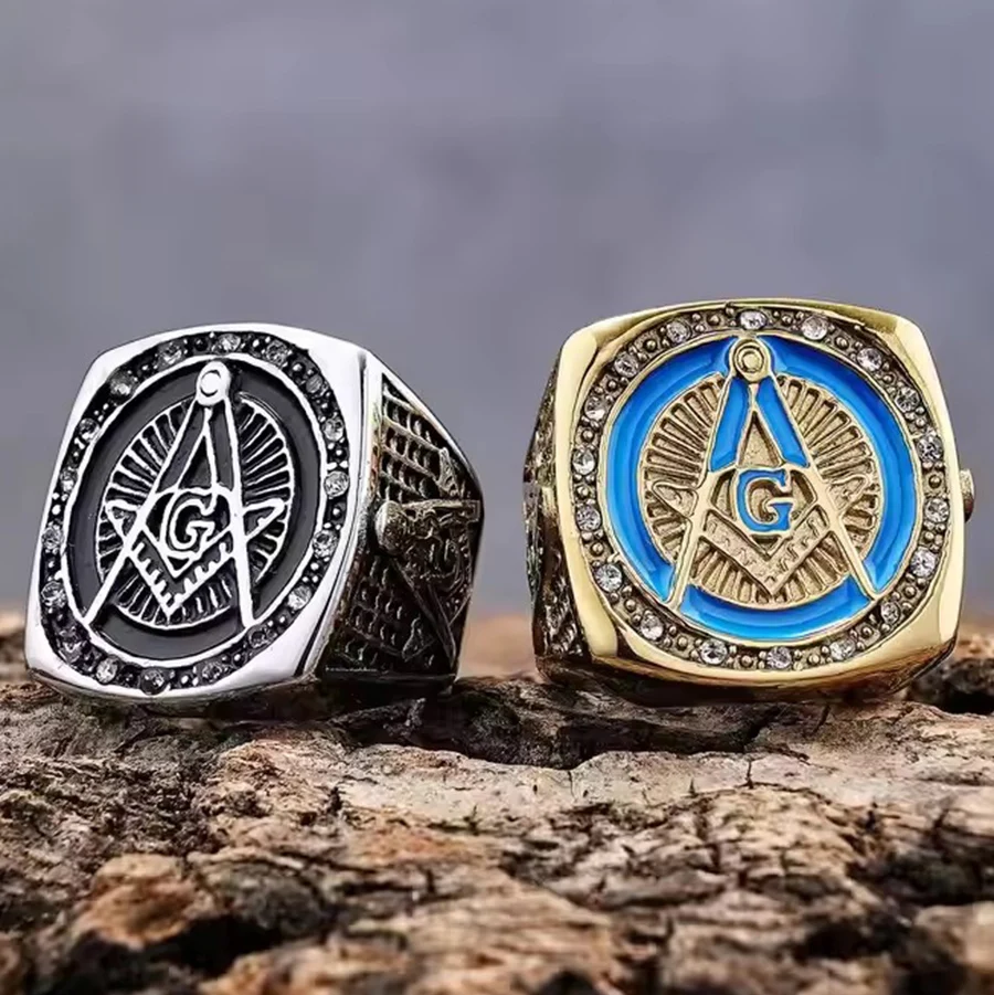 

Hip Hop Men's Stainless Steel Vintage Freemason Masonic Biker Rings Blue Red Black Enamel AG Masonic Freemason Ring