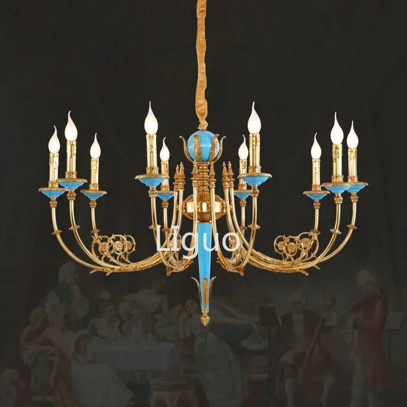 

European Simple Creative Brass Chandelier Living Room Dinning Room Bedroom French Golden Blue Copper Candle Pendant Light