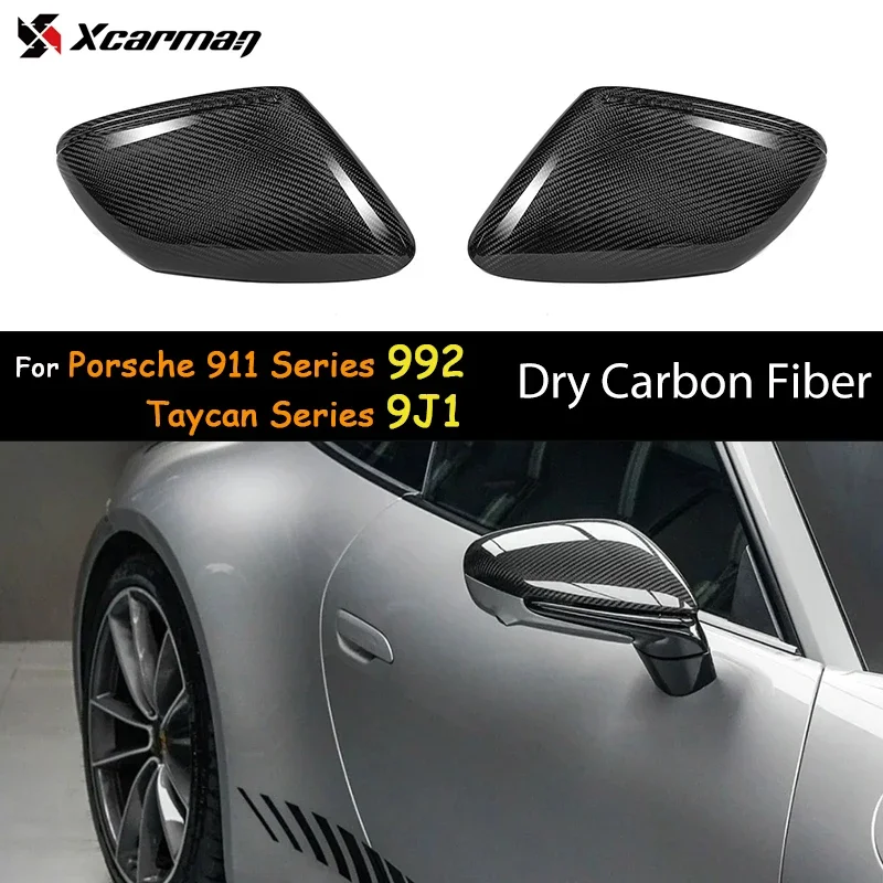 1 Pair Dry Carbon Fiber Side Wing Rearview Mirror Cover Caps Replacement Shells Glossy for Porsche 911 Taycan Series 992 9J1