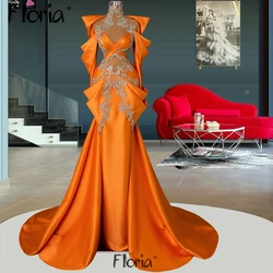 Floria Aso Ebi Orange Muslim Prom Dresses With Overskirt Dubai Lace Appliqued Beaded Formal Evening Dresses Custom Made Robes