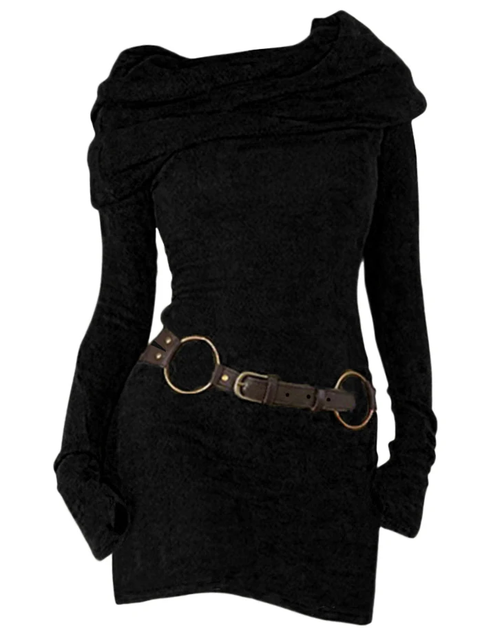 Daily Fashion Slim Hooded Cowl Neck Long Knit Top Thumb Hole Full Sleeve Belted Long Knitted Tees For Women