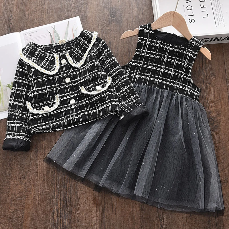 Autumn and Winter New Sweet Princess Girl's Clothing Black Children's Set Long Sleeved Cardigan+Vest Mesh Dress Two Piece Outfit