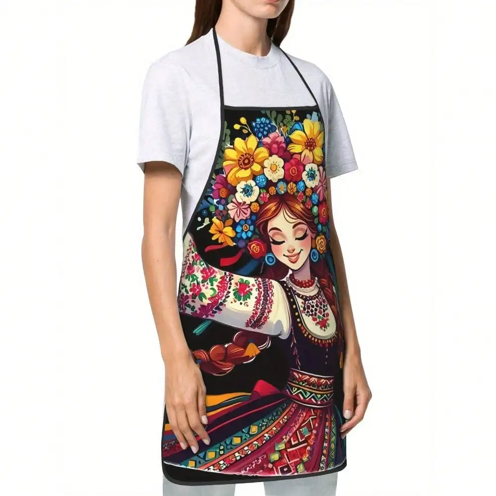 Ethnic Style Apron, Floral Embroidered Woman Print Kitchen Bib, Artistic Cooking Gift, Unique Chef Apron
