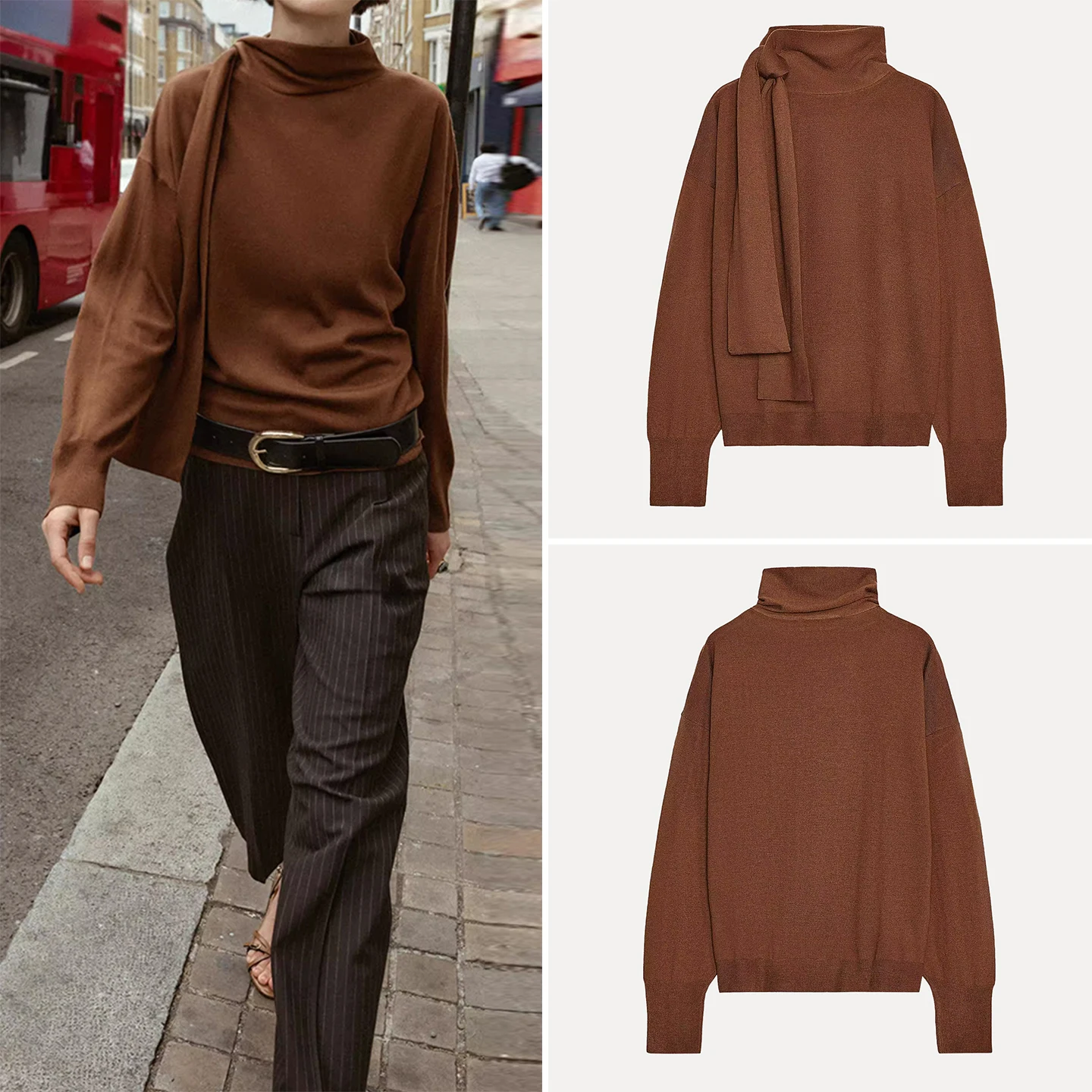 

Свободный длинный вязаный свитер Sve, женский осенний свитер с узлом, Новое поступление, Z, с высоким воротником, стандартной длины для девочек