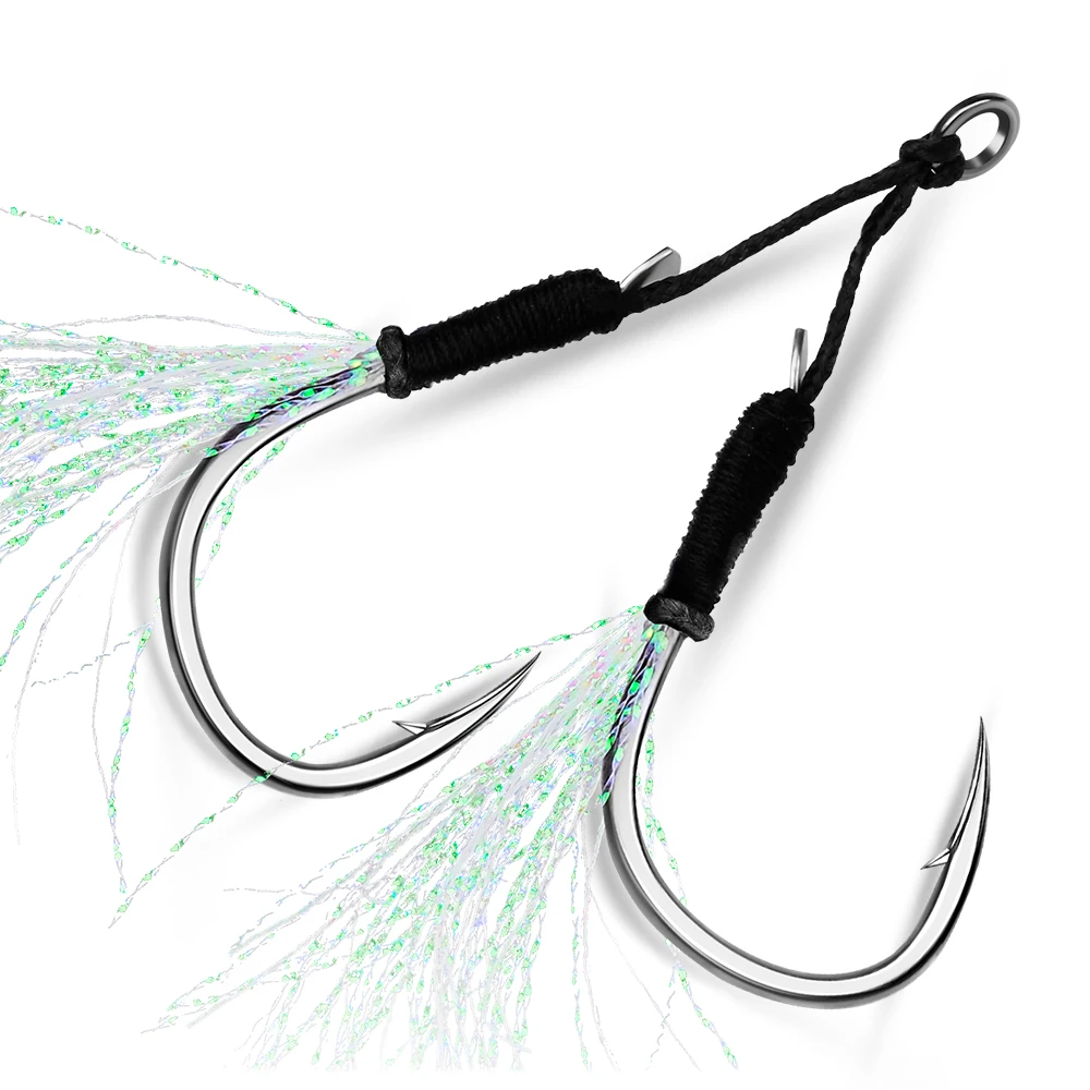 PROBEROS 10 Paar Metall-Jig-Assistent-Haken mit PE-Schnur, Feder, massiver Ring, Jigging-Löffel, Salzwasser-Angelhaken, Angelzubehör – Detail 5