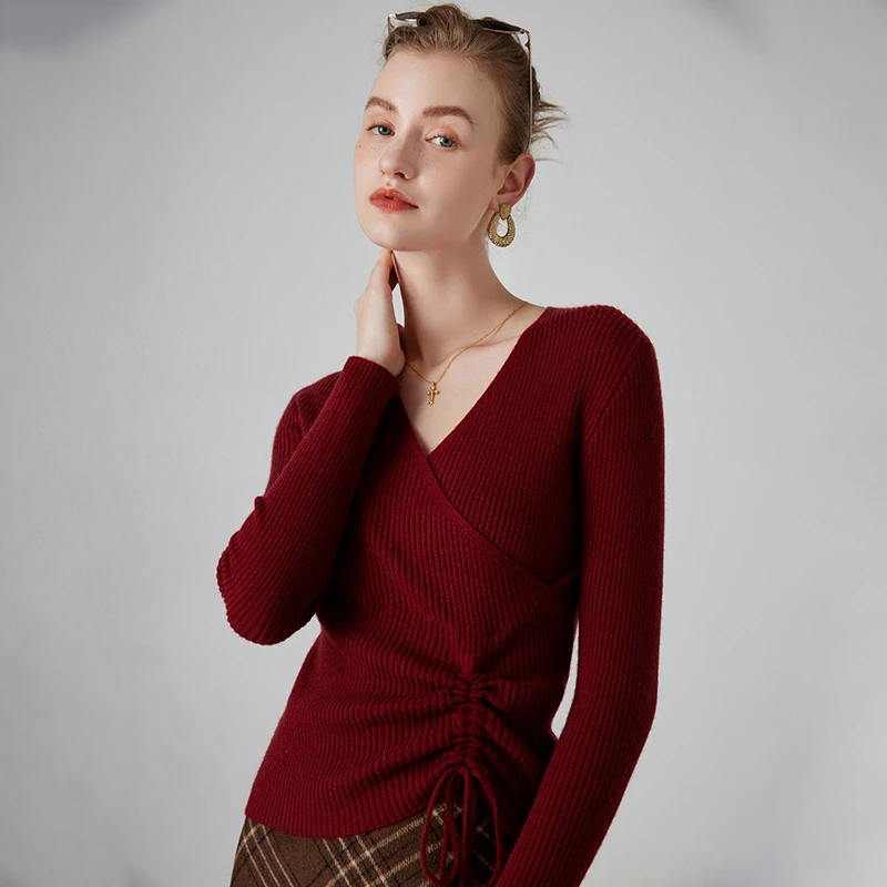 2023 Autumn/Winter Women\'s 100% Cashmere Sweater Pullovers Female High Elastic Short Tops Lady\'s V-Neck Solid Slim Knit Jumper