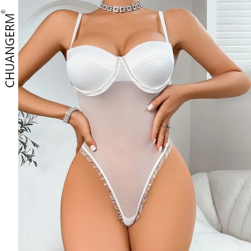 

CHUANGERM Sexy Lingerie Lace Bodysuit Fluoroscopy Chain low-cut hollow back sexy mesh splicing can open gear jumpsuit women