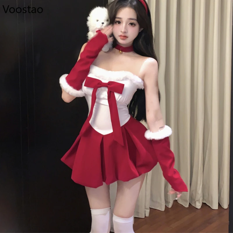 Sweet Lolita Red Christmas Dress Women Sexy Plush Patchwork Off Shoulder Bow Party Mini Dress Female Korean Slim A-Line Dress