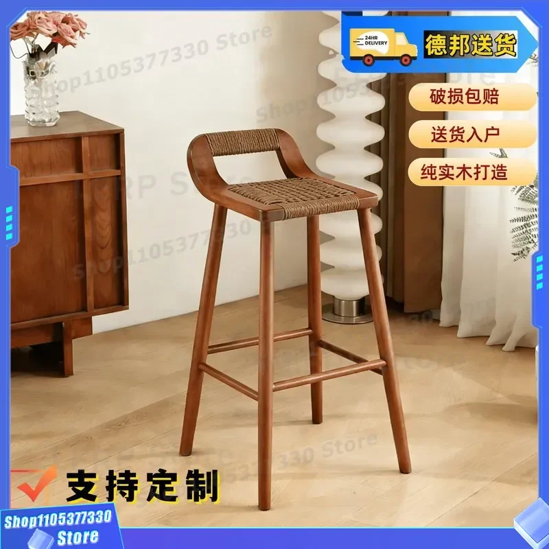 Nordic Wabi Sandy Wind Rope Weaving Bar Chair Solid Wood High Stool Medieval Front Desk Chair Household Modern Counter Seat