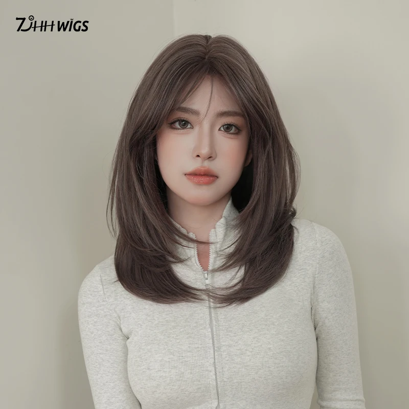 Elegant Wigs Long Straight Gray Purple Wigs with Curtain Bangs Heat Resistant Synthetic Layered Grey Middle Part Wigs for Women