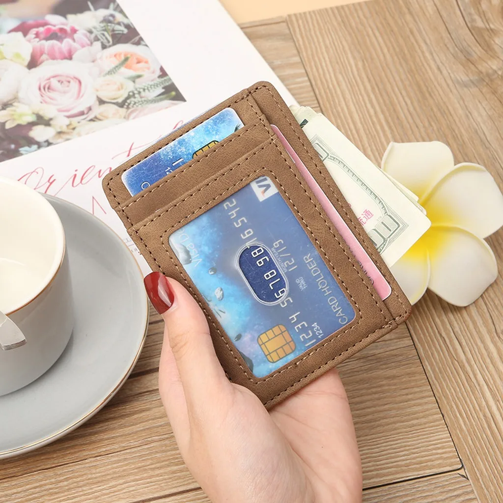 Men Women Slim PU Leather Card Holder 1‑Fold ID Card Wallet Multi‑Slots Transparent ID Window Mini Pocket Card Case