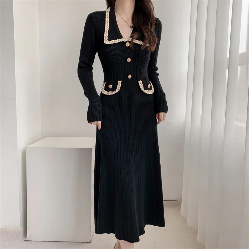 Women's Spring Autumn Winter Slim Fit Temperament Long Bottom Sweater Fragrant Knitted Dress