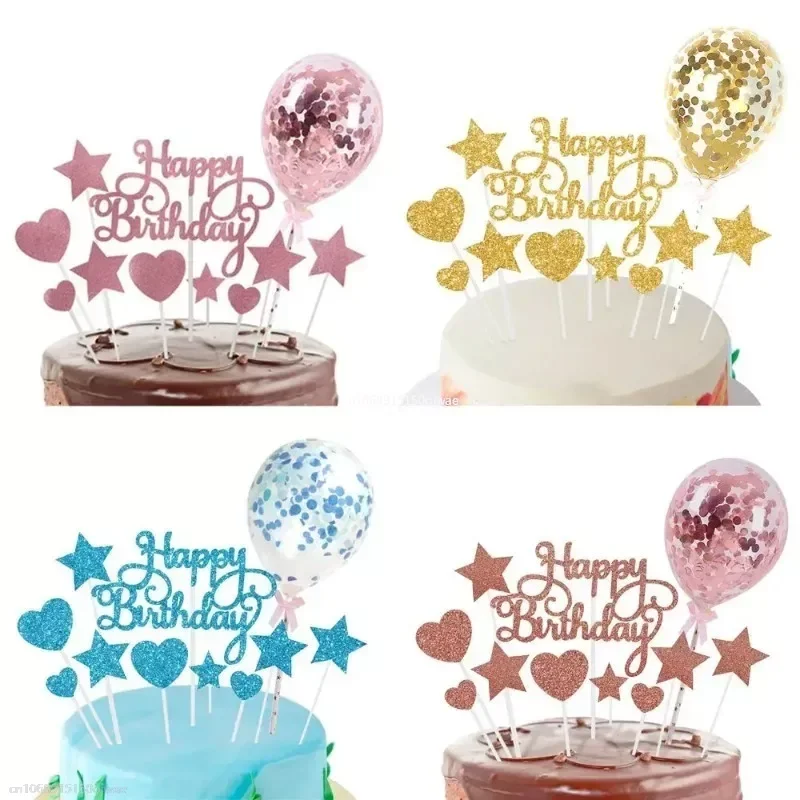 1 Set Happy Birthday Cake Topper DIY Cupcake Flag Cake Insert Confetti Balloon Baking Dessert Decor for Kitchen Birthday Party