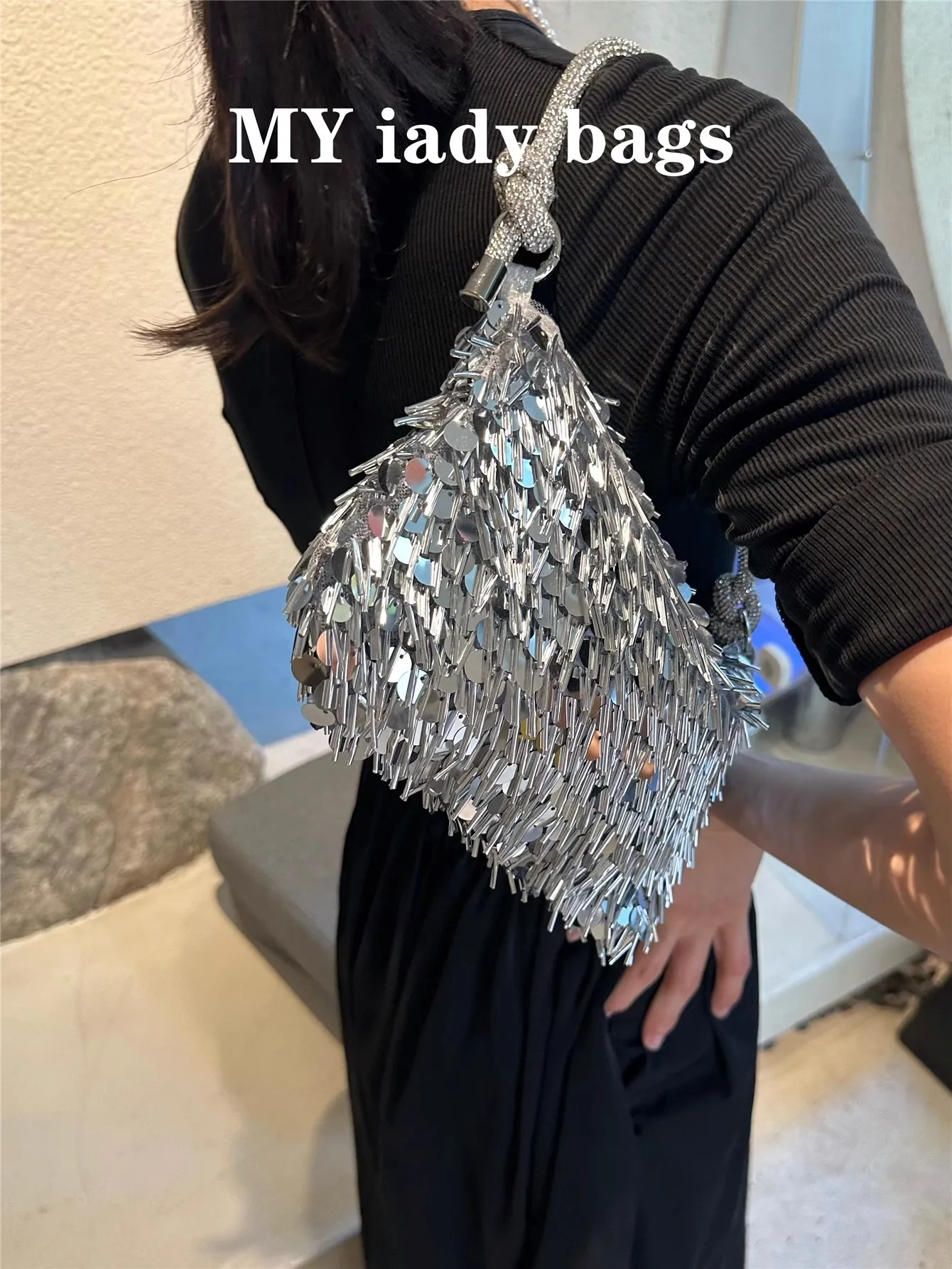 Fashion Silver Sequins Wedding Party Clutch Purse Glitter Shiny Women Handbag Beads Beading Tassel Evening Bag Shoulder Bag