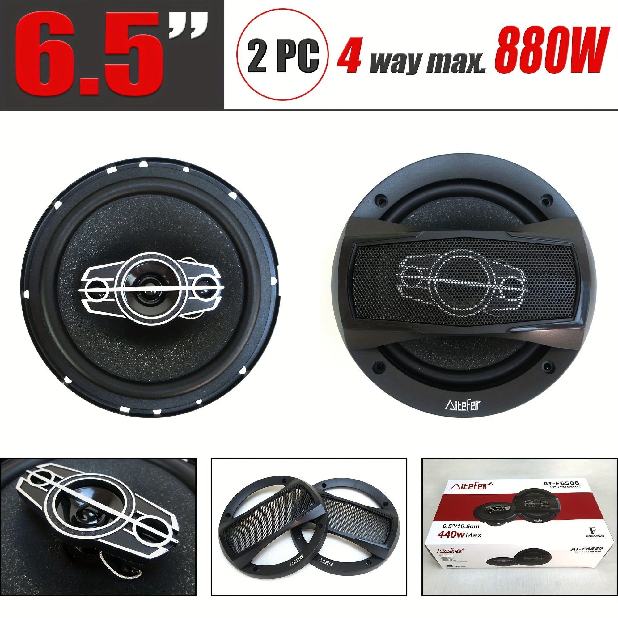 1 Pair 6.5 Inch 880W 4-Way Car Hi-Fi Coaxial Speakers with Dust Cover + Audio Cable, Door Audio, Full-Range Stereo Music Speakers, Car Stereo Speakers, Speaker for Car, External Car Speakers, Mini Car Speakers, Speakers for Car, Incar Entertainment, Vehic
