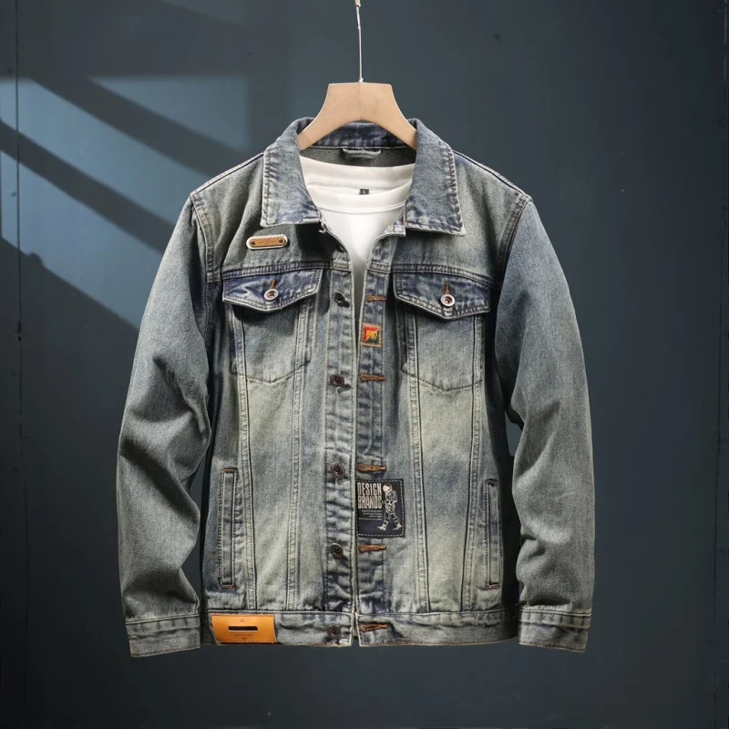 Washed denim jacket men's loose fit fashion embroidered printed vintage trendy casual men's clothing denim wear