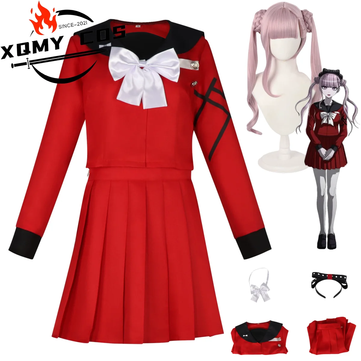 

XqAnime The Hundred Line Last Defense Academy Tsukumo Kako Cosplay Costume Wig Red School Uniform Skirt Woman Kawaii Campus Suit