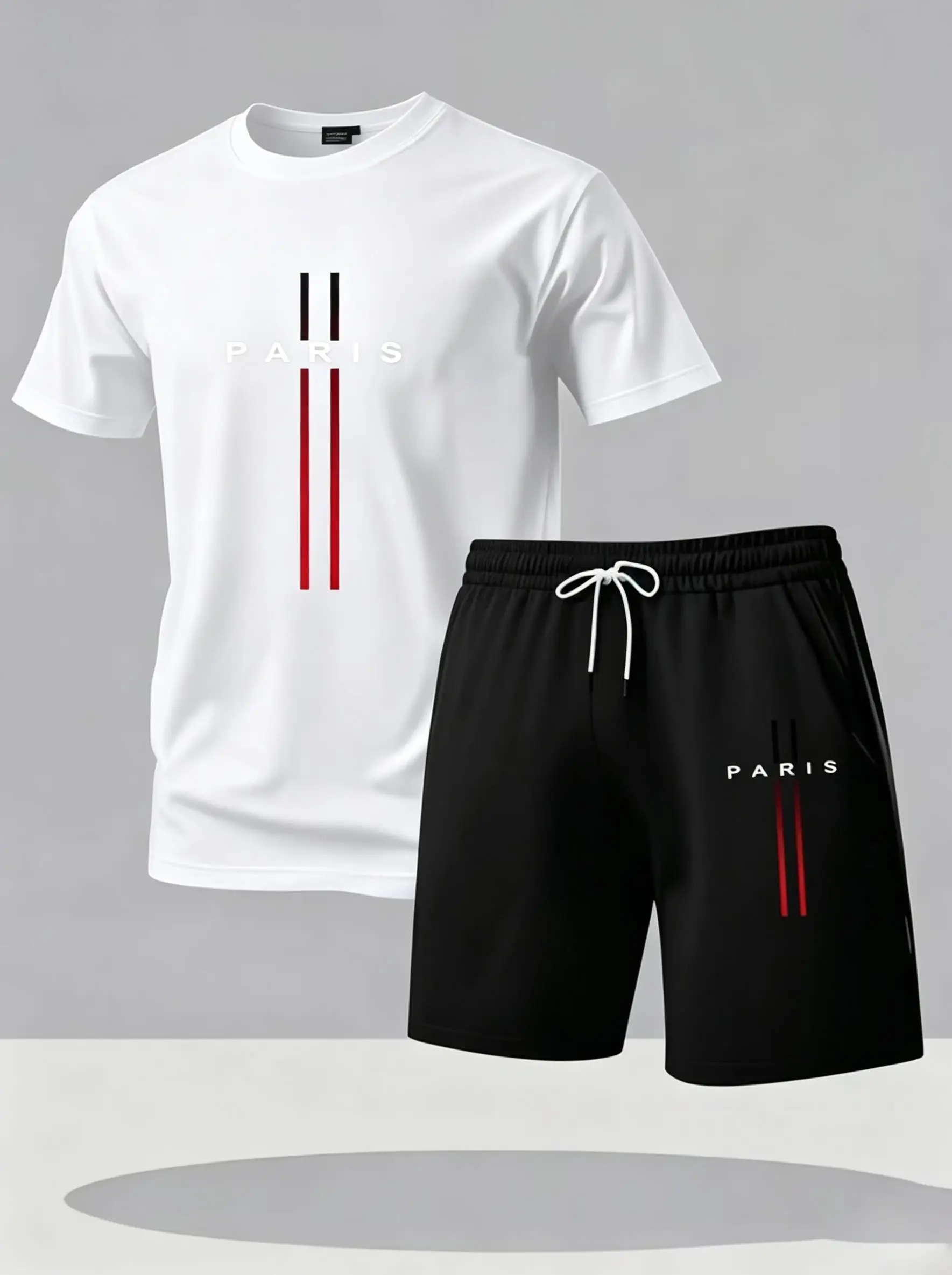 Conjunto Deportivo de 2 Piezas para Hombre de Secado Rápido, Camiseta de Manga Corta con Estampado de Rayas Verticales Rojas Minimalistas PARIS, Conjunto Informal de Verano