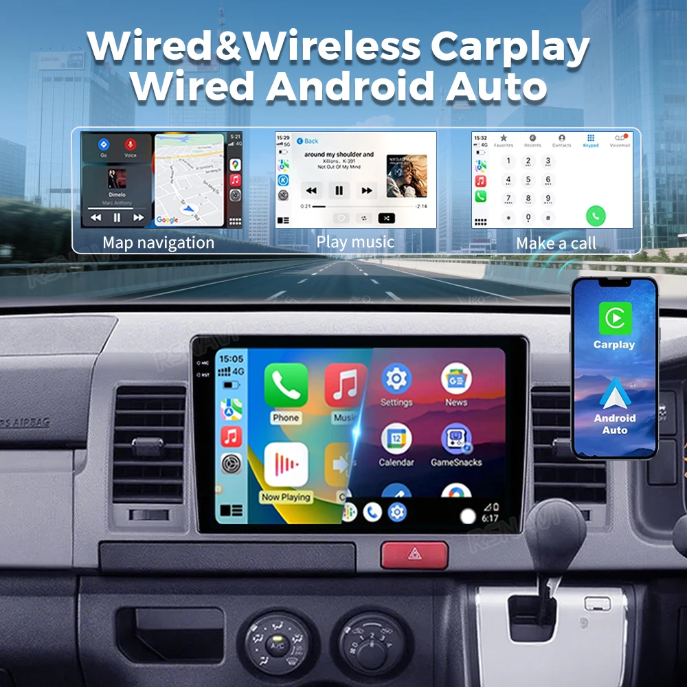 Android 16 Carplay Auto WIFI+4G Car Radio Multimedia Player For Toyota Hiace 2010 2011 2013-2018 Autoradio Stereo 2din 16G-512G