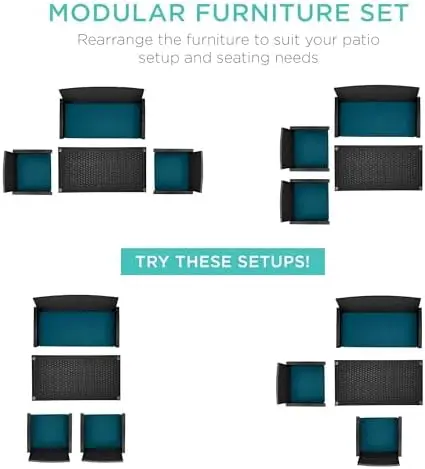 4-Piece Outdoor Wicker Patio Conversation Furniture Set for Backyard w/Coffee Table, Seat Cushions - Black/Peacock