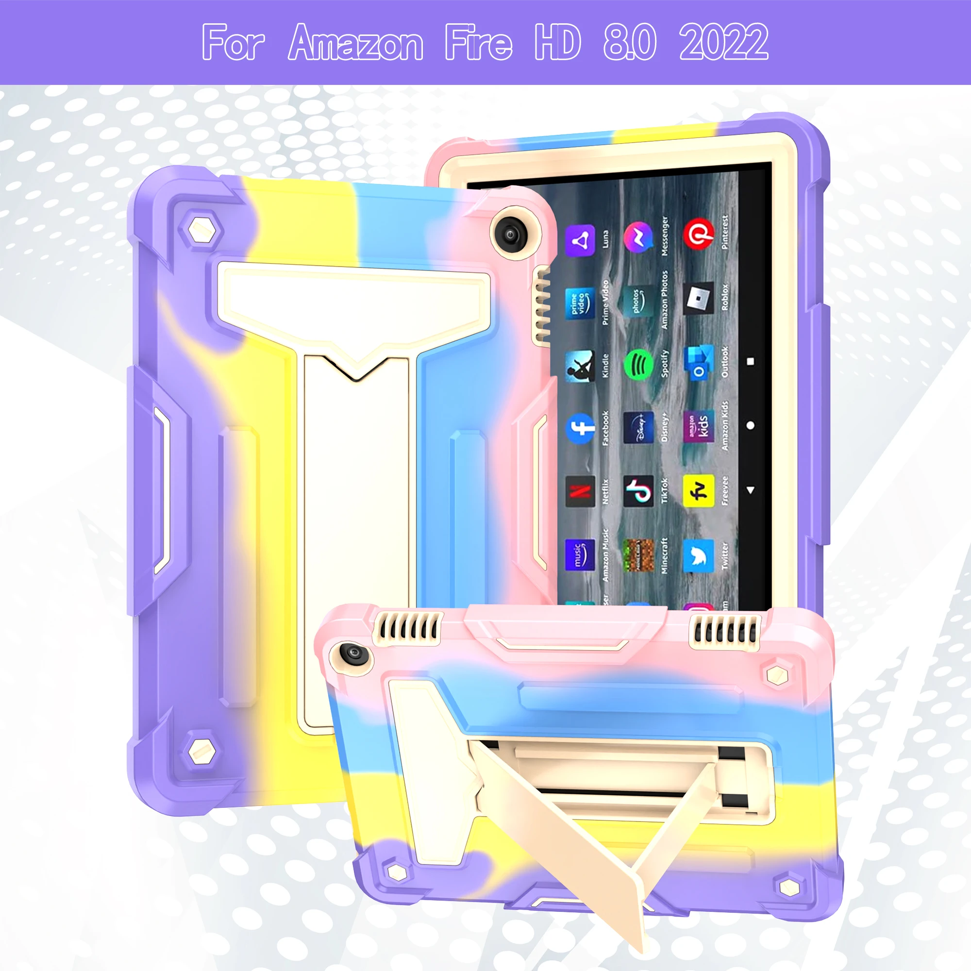Built-in Kickstand Hybrid Case Universal For Amazon Fire HD 8 Plus 2024 2022 Rugged Armor Cover 3-Layers Protection Shockproof