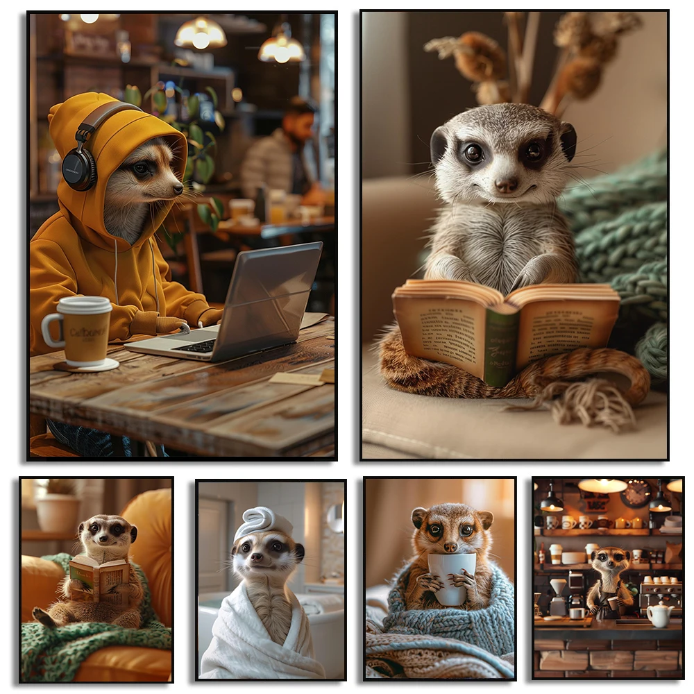 Meerkat Stood Guard While Coffee Cooled – Modern Funny Cozy Animal Frameless Canvas for Living Room Coffee Lover Decor