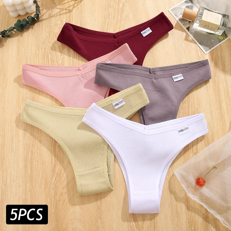 5PCS/Set Women Waffle Cotton Panties Sexy V Waist Brazilian Panties FINETOO Solid Sexy Lingerie Female Underwear Elastic Panty