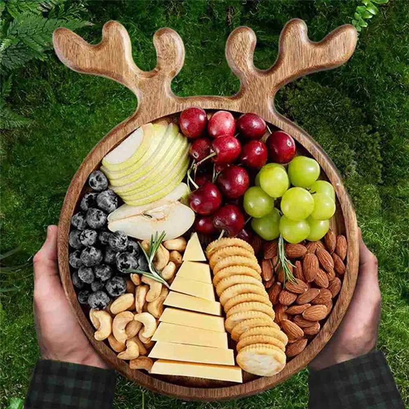 ABUN Wood Christmas Tray Bamboo Fruit Bowl Home Snack Plate Candy Dish for Melon for Seeds Dried Fruit Pizza Plate L
