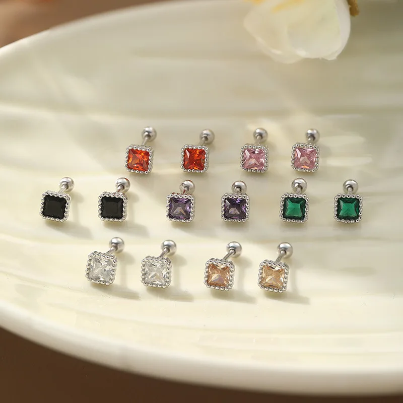 S999 Pure Silver Colorful Square Zircon Screw Studs Earrings Minimalist Geometric Elegant Fashion Daily Ear Jewelry for Women