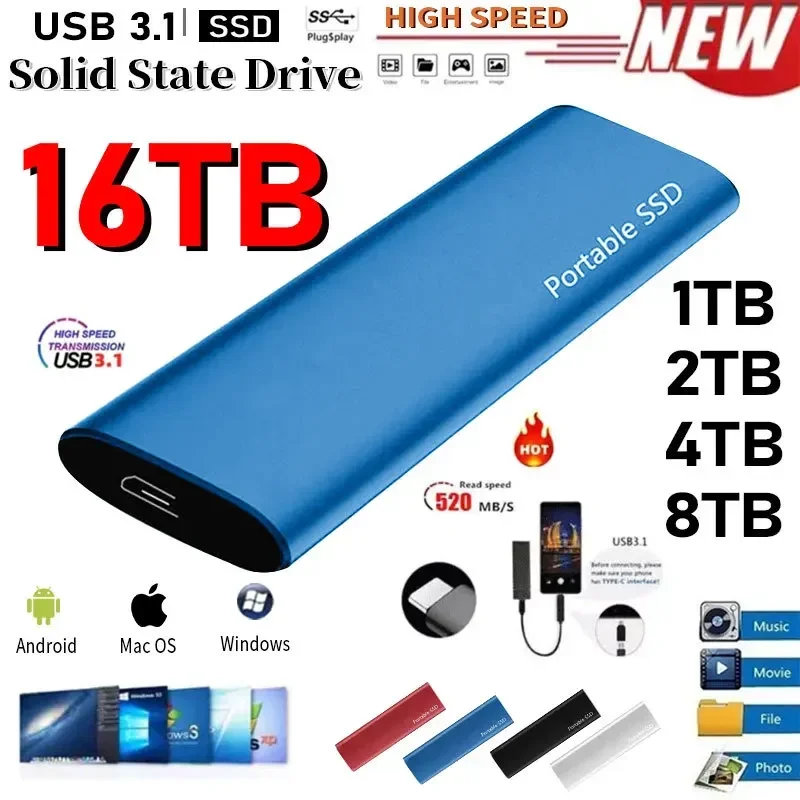 고속 휴대용 SSD 외장 솔리드 스테이트 드라이브, USB 3.1, C 타입 인터페이스 하드 드라이브, 노트북, 맥, 휴대폰용 대용량 저장 디스크, 1TB