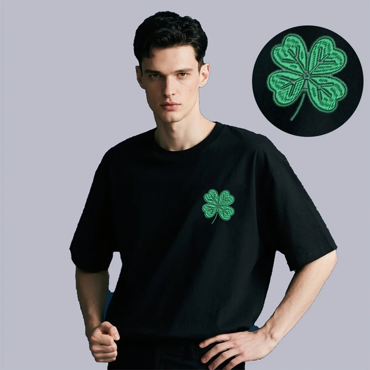 

Men Women Lucky Four-Leaf Clover Embroidery Luxury Cotton T-Shirt - Charming Embroidered Top Tees for Festive Luck T-Shirts
