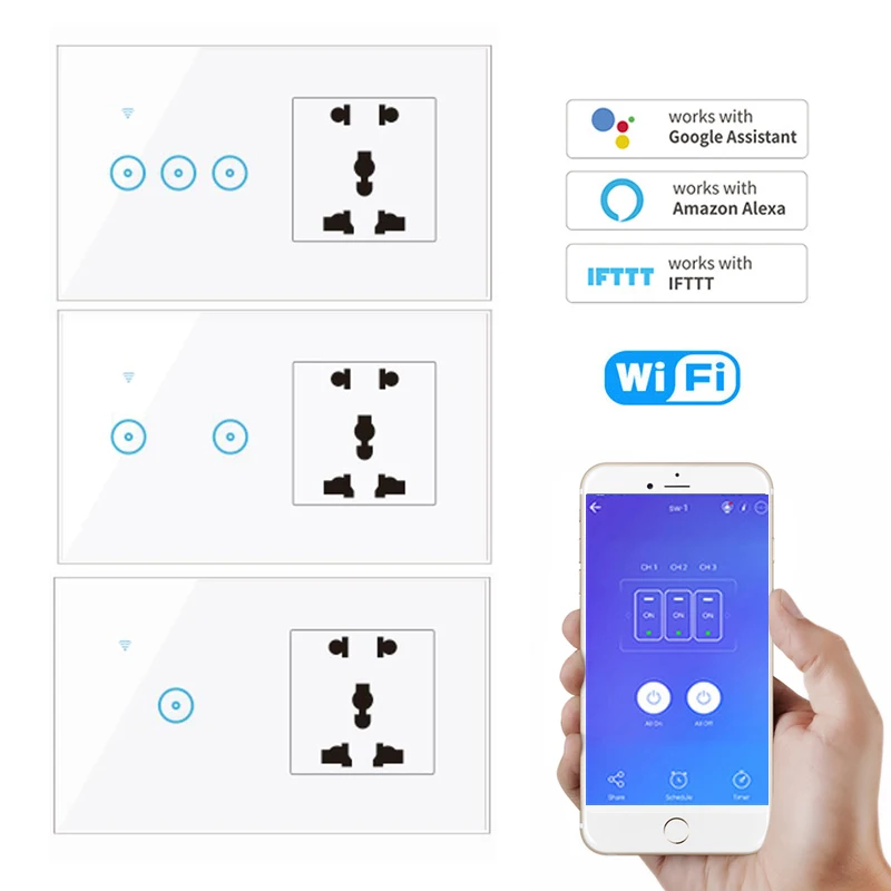 1/2/3 Gang EWelink Zigbee/WiFi Smart Switch AC90V-240V Five-hole Universal Hole Touch Switch Remote Control Via Google Alexa