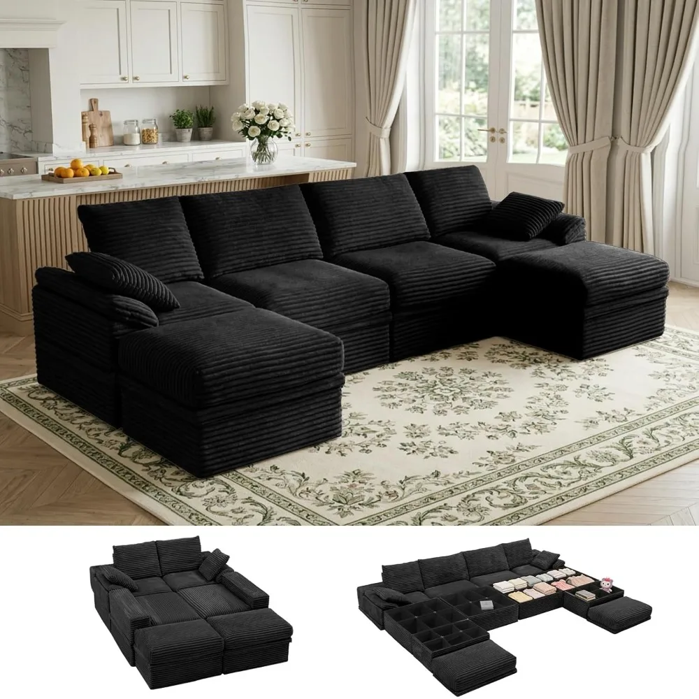 

142" U Shaped Couch, Modular Sectional Sofa with Hidden Storage, 4-Seater Boneless Couch with Movable Ottoman, Customized
