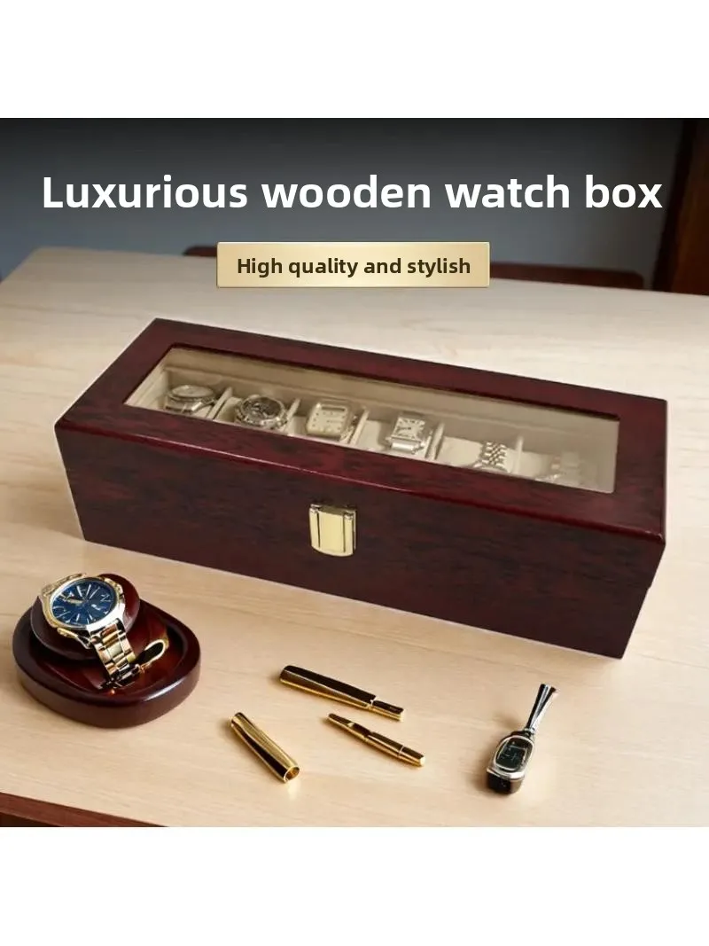 High-End Wooden Watch Storage Box Display Case 6 Compartments Home Use Jewelry Organizer Rectangular Shape Vintage Style