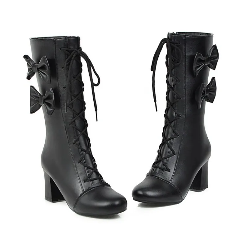 Candy Color Sweet Bow Lace Up Mid-Calf Lolita Knight Boots Chunky High Heel Plus Size Autumn Winter Girls Daily Cosplay Boots