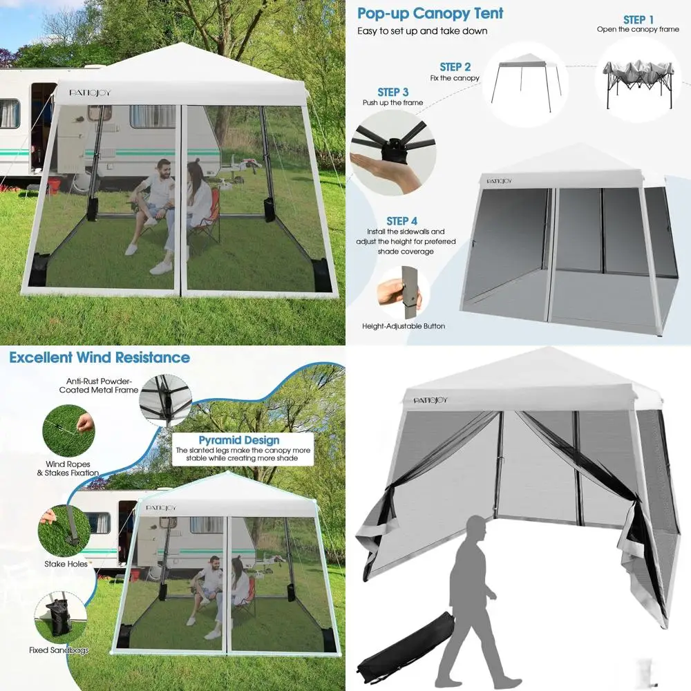 

10x10 Ft Easy Setup Pop Up Canopy with Netting, Slanted Legs, Roller Bag, Sand Bags, Stakes, and Ropes for Outdoor Patio (White)