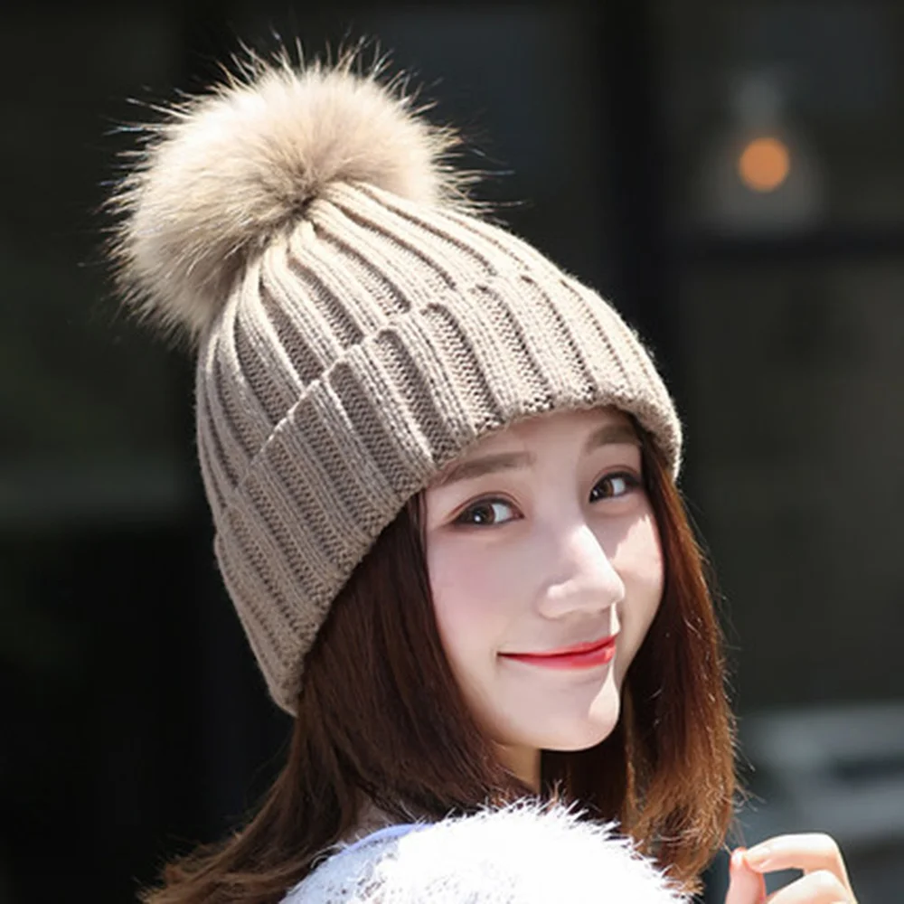 Women Beanie Hat solid color Knitted Hat with faux fur Ball Fashion Woolen Hat Cap Winter Warm Outdoor Hat