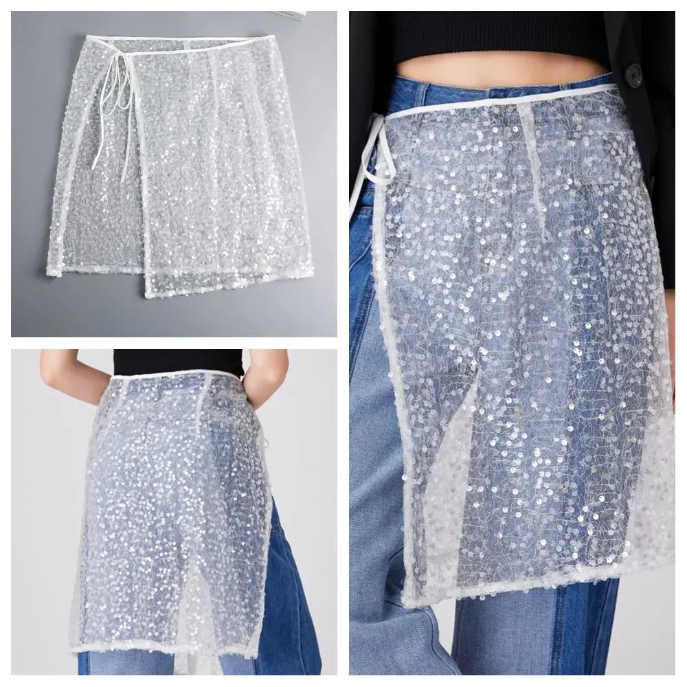 High Waist Lace Midi Skirt Irregular Side Slit Embroidered Flower Lace Drawstring Skirt See Through Harajuku