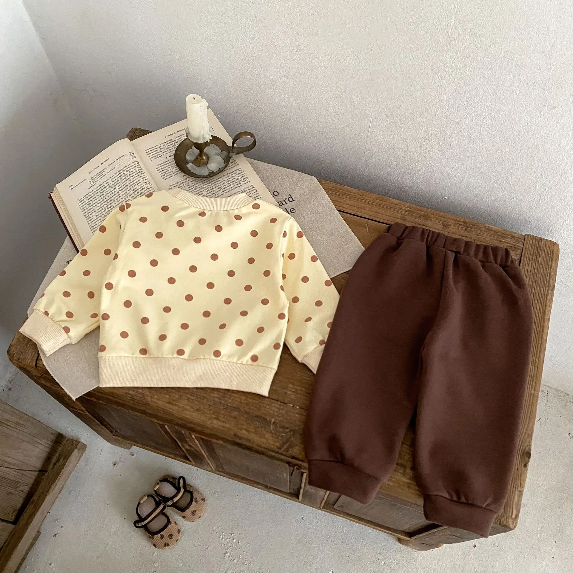 Spring New Baby Clothing Women's Fashion Versatile Dot Print Top+Ruffle Edge Decorative Pocket Pants 2-Piece Set