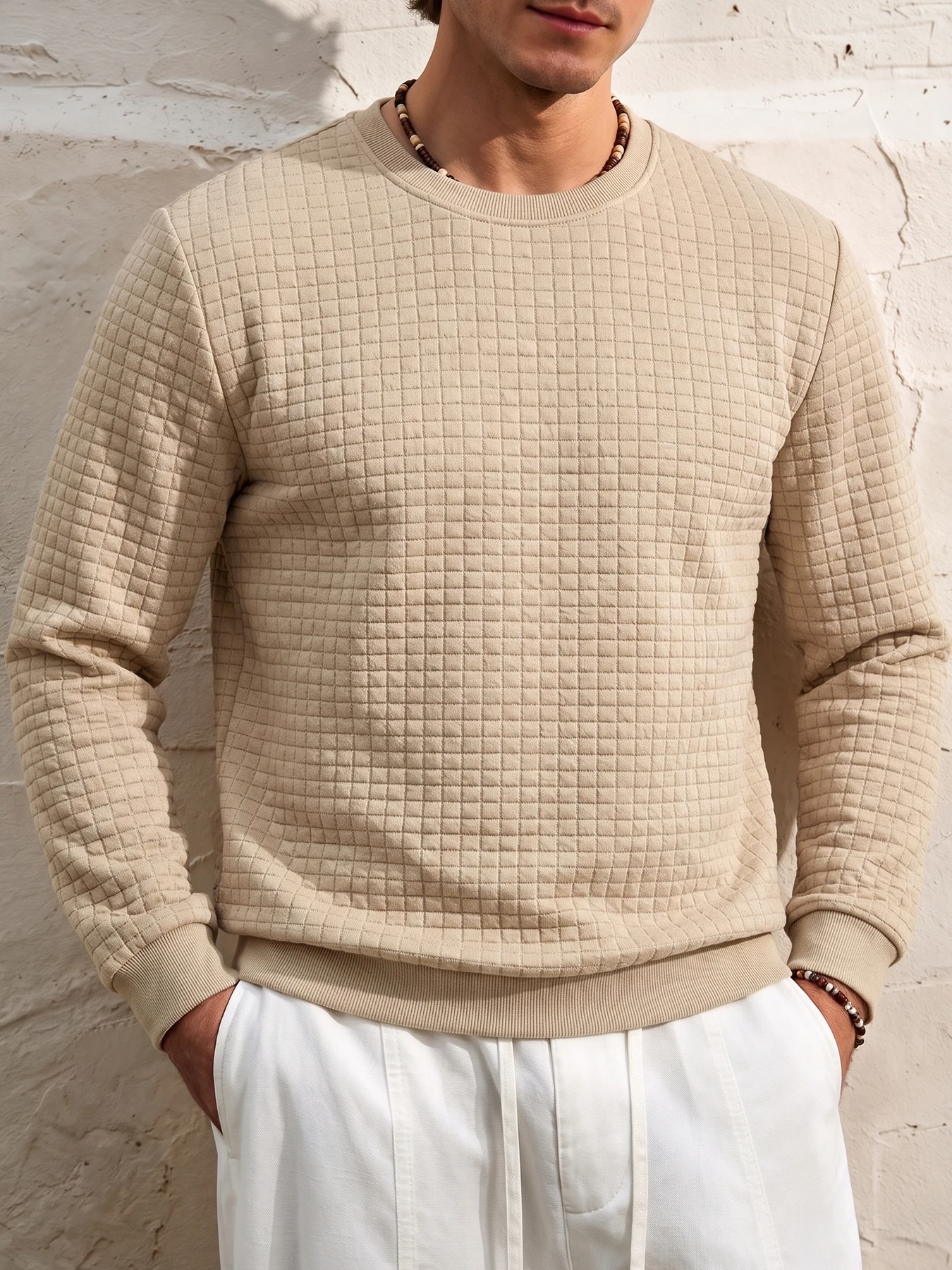Men's Crew Neck Sweatshirt Waffle Texture Soft Fabric Long Sleeve Ribbed Cuffs and Hem Casual Pullover Top