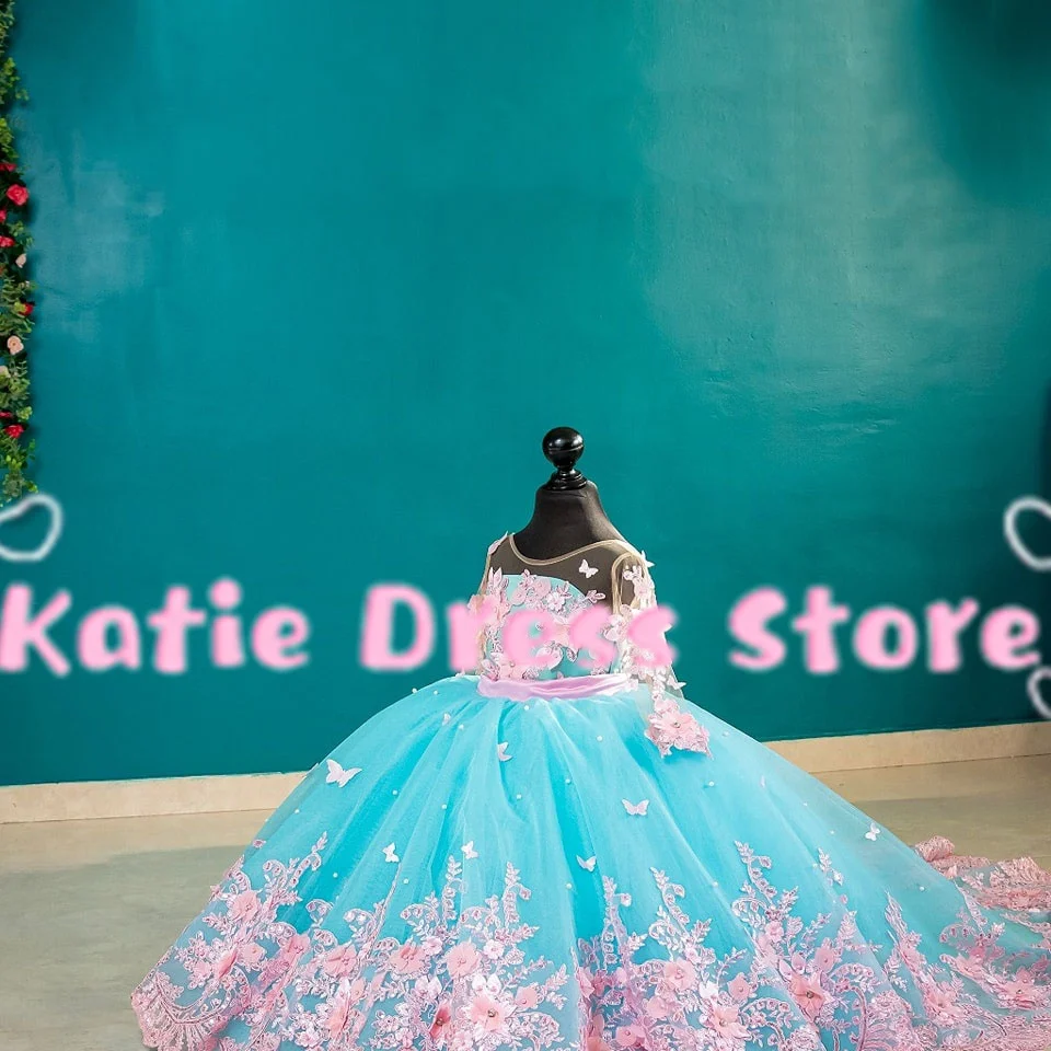 Flower Girl Dress For Wedding Tulle Lace Applique Puffy With Bow Kids Birthday Party First Communion Ball Gowns Customized