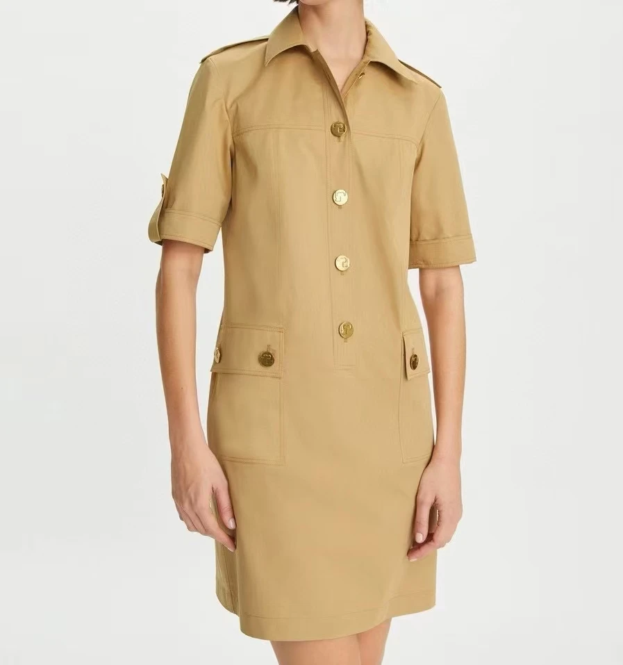 fenggejiwo women's new dress khaki solid color lapel straight tube dress shirt dress