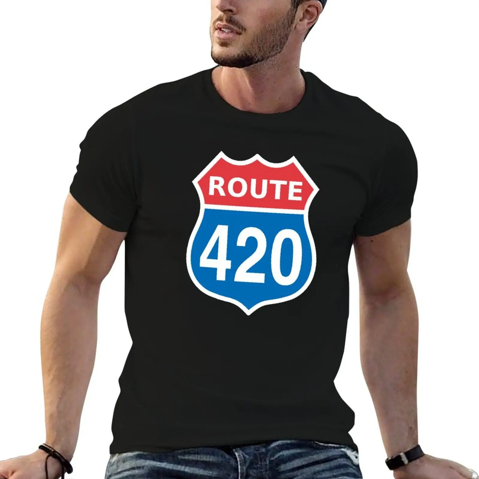 

Route 420 Red Blue White US highway sign T-Shirt t shirts for man graphic vintage men t shirt cotton 100% T-Shirt
