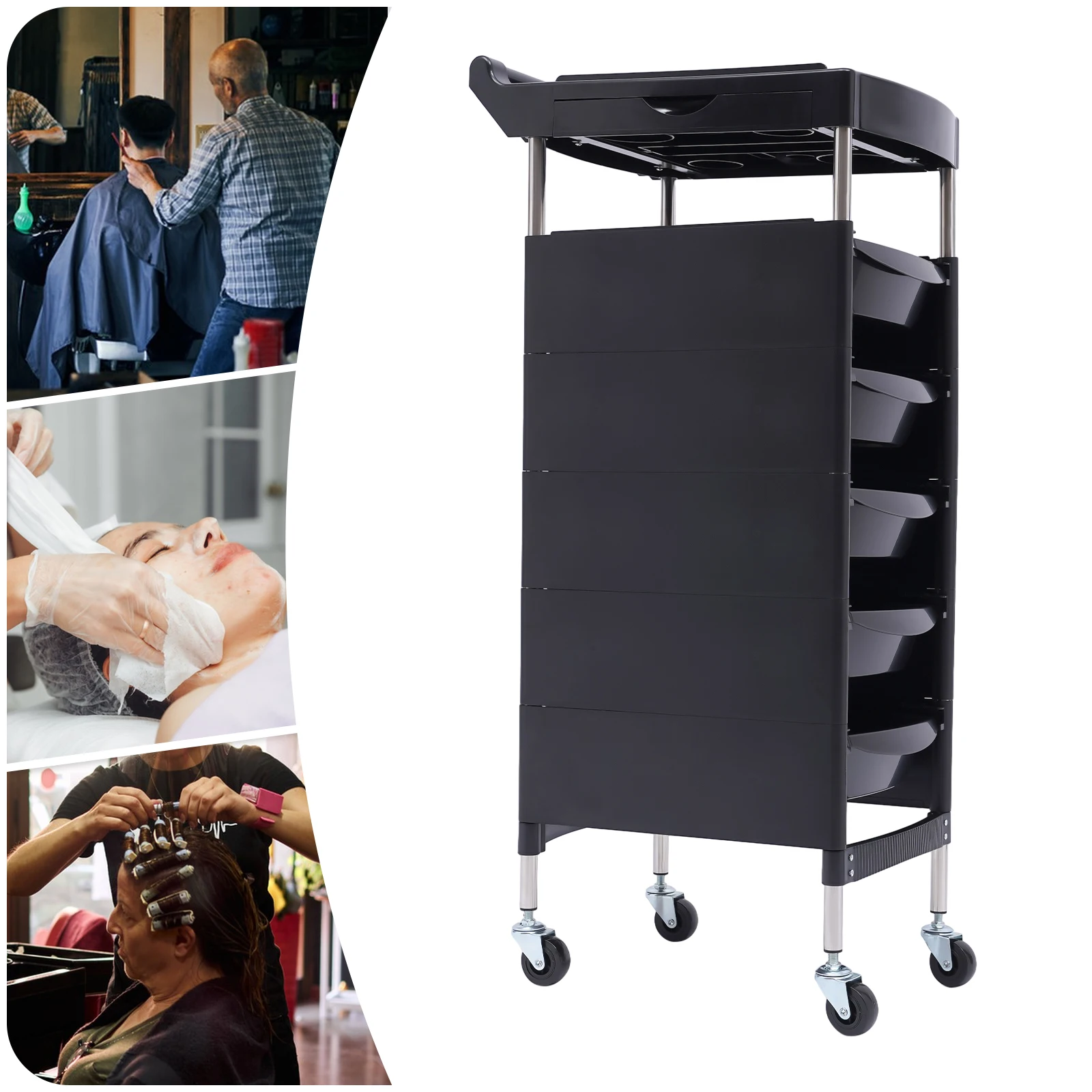 Salon Trolley with Handle and Rolling Wheels 5 Drawers and 2 Hair Dryer Holder Side Tray Black