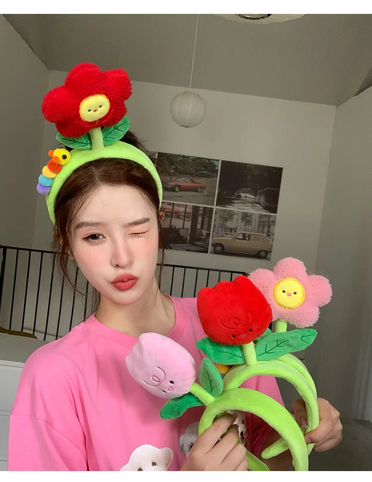 Kreative Plüsch Tuch Farbe Tulpe Blume Raupe Haarbänder Für Mädchen Frau Niedlichen Cartoon Gesicht Waschen Make-Up Stirnband Mode – Detail 2
