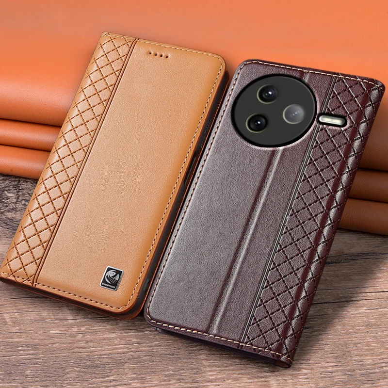 Flip Case For XIAOMI POCO F8 F7 Pro Ultra 5G Luxury Cowhide Genuine Leather Magnetic Cover Grid Pattern Card Pocket Wallet Cases