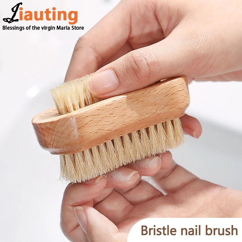 Double Sides Brushes Nail Cleaning Brush With Wooden Handle Natural Bristles Manicure Pedicure Tool Scrubbing Brush