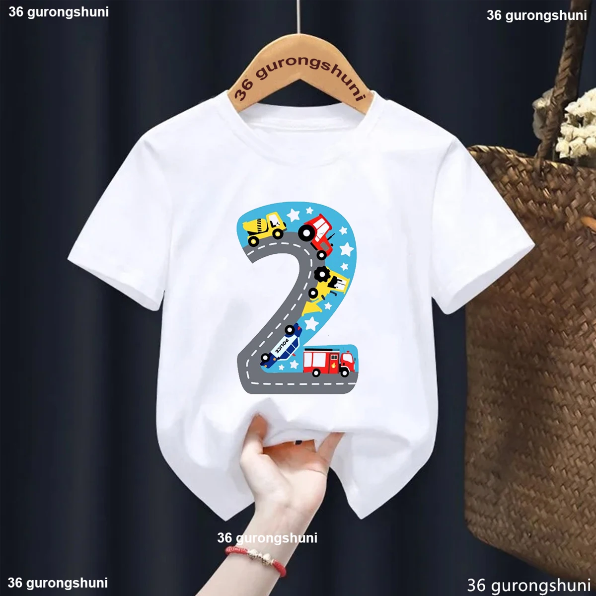 

2th Birthday Car Print Tshirt For Girls/Boys Funny Tractor White/Yellow T Shirt Kawaii Kids Clothes Summer Tops Fashion T-Shirt