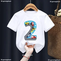2nd Birthday Car Print Tshirt For Girls/Boys Funny Tractor White/Yellow T Shirt Kawaii Kids Clothes Summer Tops Fashion T-Shirt