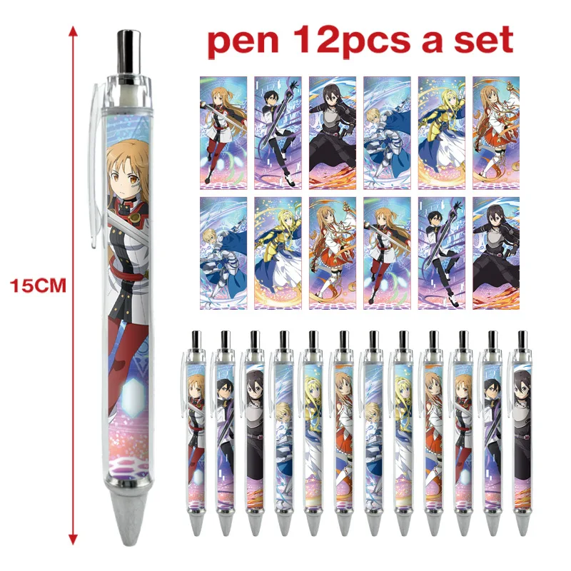 12PCS Charlotte Kirito Asuna Popular Game Two-dimensional Peripheral Ballpoint Pen Set Cartoon Printing Stationery Neutral Pen